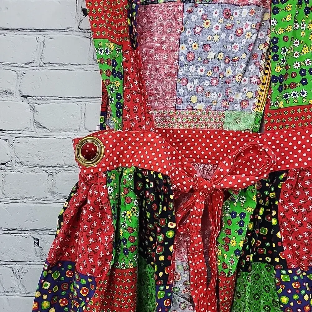 Vintage 70s Patchwork Apron Full Colorblock‎ Housedress Prairie Cottagecore Flaw
